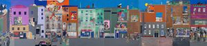 Romare Bearden’s "The Block," a six-panel collage depicting a vibrant Harlem neighborhood, filled with everyday scenes of community life, children playing, and storefronts, embodying Bearden’s signature storytelling through collage.