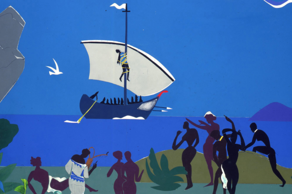A vibrant screenprint by Romare Bearden titled "Siren's Song" (1979), depicting Odysseus bound to the mast of his ship as it sails past alluring Sirens, blending Greek mythology with African American cultural motifs.