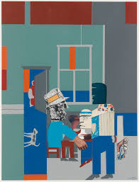 A collage depicting two figures in a stylized interior setting dominated by shades of blue, with abstracted forms suggesting furniture and architectural elements.