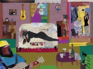 Collage showing a reclining nude Black woman draped on a couch, surrounded by decorative elements such as a guitar, patterned walls, and domestic furnishings.