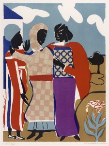 Collage of three Black women in vibrant dress, arranged in close proximity with expressive features.