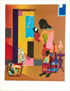 A lithograph collage depicting a standing Black woman inside a Southern-style interior, holding a teacup, with a glowing blue window showing a falling star.