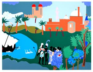 A stylized Black woman in flowing robes watches as Odysseus departs, set against bold tropical patterns in this mythic collage by Romare Bearden.