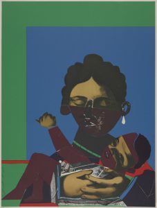 Collaged image of a seated Black mother cradling a child, rendered in rich blues and earthy tones with cubist influences, by Romare Bearden.